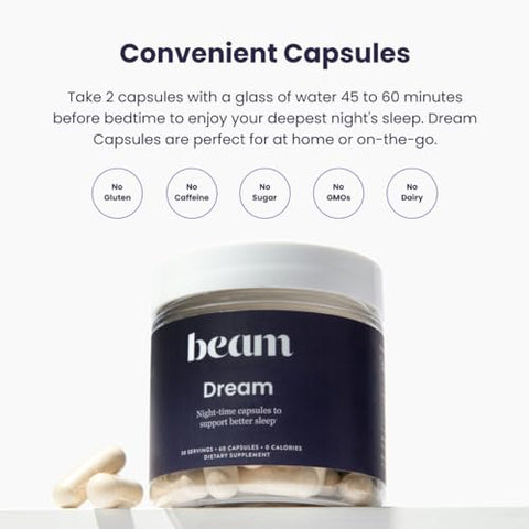 Dream | Cápsulas para Dormir | Ingredientes Naturais – L-Teanina, Magnésio | Sem Glúten, Vegano, Não-OGM, Sem Açúcar Adicionado, Keto, Sem Laticínios - Beam