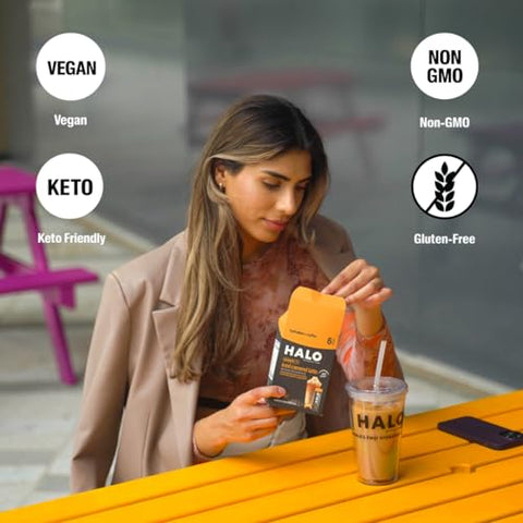 HALO Sport - HALO Iced Caramel Latte – Pó de Bebida Energética – Mistura de Café Saudável para Hidratação com Eletrólitos, Cafeína, Vitaminas e Minerais – 20 Calorias – Keto e Baixa Caloria – 1 x 12