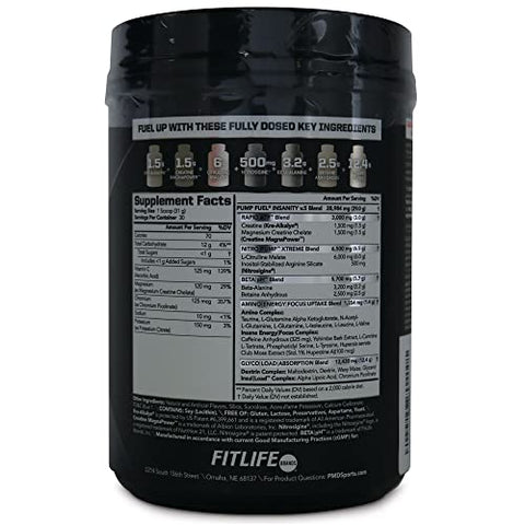 Sports Ultra Pump Fuel Insanity – Bebida Pré-Treino para Energia, Força, Resistência, Recuperação – Carboidratos Complexos e Energia Amino – Sabor Uva Selvagem (30 Porções) - PMD