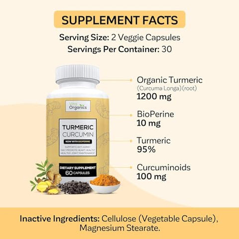 Vita Organics - Cúrcuma Curcumina c/ Extrato de Pimenta Preta BioPerine para Suporte à Saúde das Articulações, Mobilidade, Prevenção do Desgaste Natural 60 Cápsulas Vegetais, Fabricado nos EUA