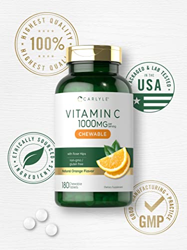 Vitamina C Mastigável | 1000mg | 180 Comprimidos Mastigáveis | Vegetariano, Não-OGM, Suplemento Livre de Glúten - Carlyle