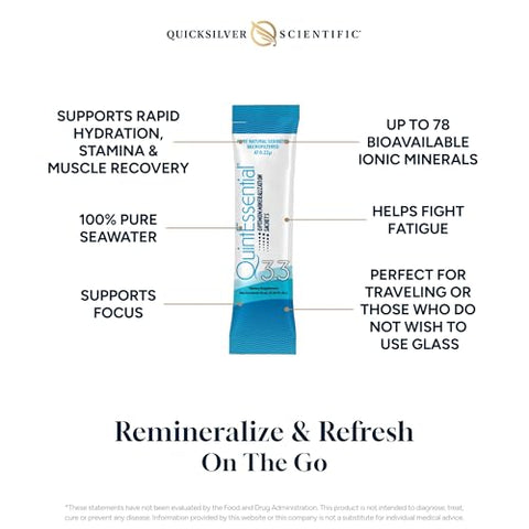 Quintessential 3.3 Sachês – Solução Hipertônica – Pacotes de Hidratação com Água do Mar Filtrada – Minerais Líquidos para Recuperação Muscular, Resistência – Embalagem de Hidratação - Quicksilver Scientific