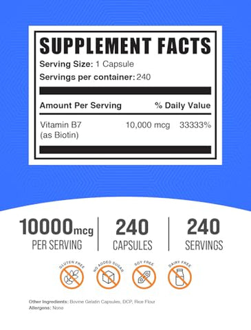com Biotina 10000mcg Cápsulas – Vitaminas Biotina para Cabelo, Pele e Unhas, Vitamina B7 – Sem Glúten, 1 Cápsula por Porção, 240 Cápsulas (Pacote…) - BulkSupplements