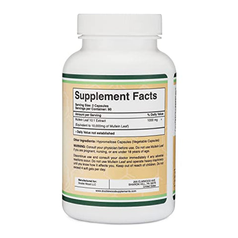 Double Wood Supplements - Cápsulas de Folha de Verbascum 10.000mg (Extrato de Folha de Verbascum 10:1, Equivalente a 10.000mg de Folhas de Verbascum) 180 Cápsulas Veganas Seguras para os Pulmões e Respiratório