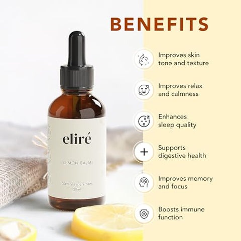 Eliré - Elire – Extrato de Melissa Orgânica – Suporte para o Humor e Digestão – Promove Sensação de Calma e Relaxamento – Livre de Álcool – Vegano, Não-OGM e Sem Glúten – 30ml