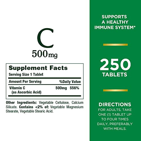 Nature's Bounty - Nature’s Bounty Vitamina C, Suporte para um Sistema Imunológico Saudável, Suplemento de Vitamina, 500mg, 250 Comprimidos