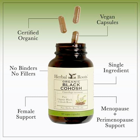 Herbal Roots - Raízes de Ervas Orgânicas de Cohosh Preto | 600mg Extra Forte | Suporte para Menopausa e Menstruação em Mulheres | 60 Cápsulas, Vegano
