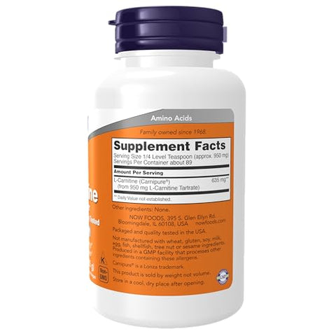 Suplementos, L-Carnitina (L-Carnitina Tartarato) Pó Puro, Aumenta a Energia Celular, Aminoácido, 85g - NOW Foods
