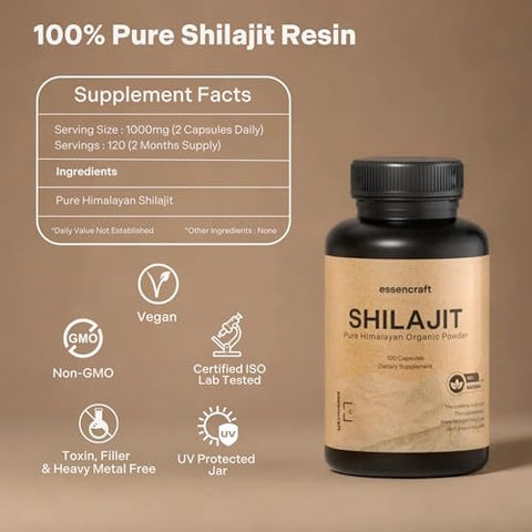 Essencraft - Resina de Shilajit Orgânico Puro do Himalaia – 1000mg Potência Máxima, 85 Minerais Traços, Húmico