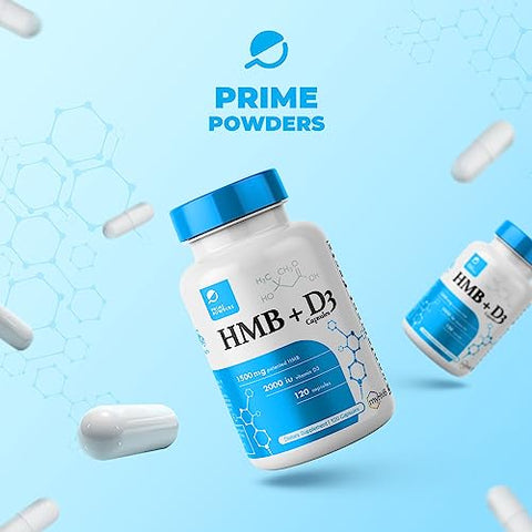 Prime Powders - Suplemento HMB e Vitamina D3, Fórmula Patenteada de 1.500mg com Dose Clínica, Preserva Massa Muscular com Performance Eterna, Cápsulas de Beta-Hidroxi Beta-Metilbutirato, 120 Unidades