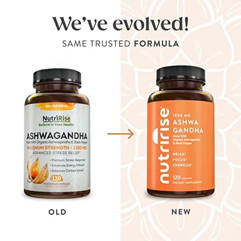 Cápsulas de Raiz de Ashwagandha Orgânica com Pimenta Preta, 1300mg, Natural Antiestresse - NutriRise
