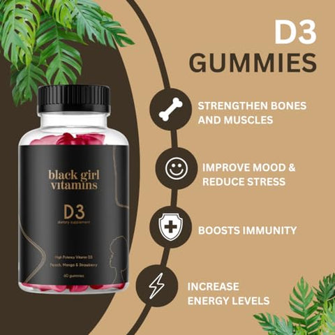Black Girl Vitamins - Vitaminas Black Girl – Gomas de Vitamina D3, para Imunidade, Energia e Suporte Ósseo, 2000UI (50mcg) por porção, Sem Glúten, (Multi-sabores), 60un