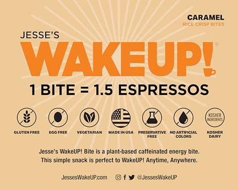 Jesse's WakeUP! - WAKE UP! Bites de Proteína Caramelada Cafeinada – Sem Glúten, Vegetariano, 175mg de Cafeína (1 Bite = 1,5 Espressos) – Aumenta o Foco e a Clareza – Ingredientes Kosher – 8 Pacotes