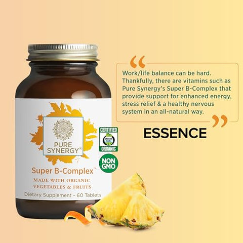 Super B-Complex | Complexo de Vitamina B Feito com Alimentos Orgânicos Integrais | Suplemento Vegano com Vitamina B12, Niacina e Ácido Fólico | para Energia, Concentração e Humor - PURE SYNERGY