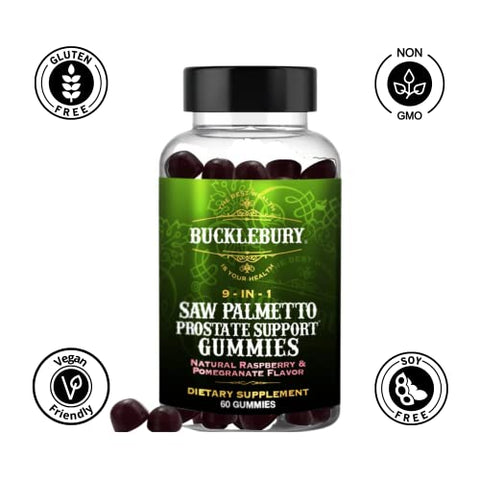 BUCKLEBURY - Gomas de Saw Palmetto 9 em 1 para Suporte à Próstata e ao Sistema Urinário – Sabor Natural de Framboesa e Romã – Suplemento Alimentar à Base de Plantas para Esvaziamento da Bexiga e Queda de Cabelo – 60 g