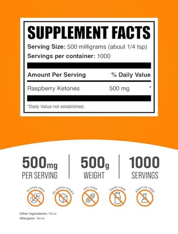 com Pó de Cetonas de Framboesa – Suplemento de Cetonas de Framboesa, Fonte Antioxidante – para Suporte Energético, Sem Glúten, 500mg por Porção, 500g (1,1 lbs) (Pacote de 1) - BulkSupplements