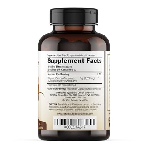 Natural Choice Botanicals - Cápsulas de Canela Ceylon Orgânica Certificada pelo USDA, Suplemento Verificado Não-OGM – 120 Cápsulas, Fornecimento de 2 Meses