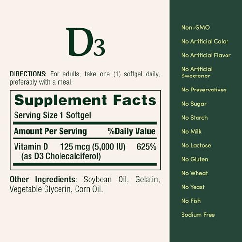 Nature's Bounty - Nature’s Bounty Vitamina D3, Suporte Imunológico, 125 mcg (5000 UI), Cápsulas Gelatinosas de Liberação Rápida, 240 Unidades