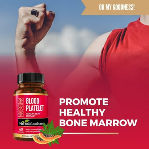 Cápsulas de Folha de Mamão Herbal Goodness – 60/600mg 20x Potência – Suporte a Plaquetas Sanguíneas, Medula Óssea, Imunidade – Fórmula de Limpeza Sanguínea – Remédio Herbal – Fabricado nos EUA