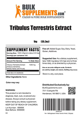 Tribulus Terrestris Extract Powder – BulkSupplements.com, Suplemento Herbal, 1500mg por Porção, 1kg (2.2 lbs) (Embalagem)