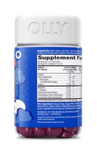 Kids Sleep Gummy – Suporte ocasional ao sono, 0,5mg Melatonina, L Teanina, Extratos de Camomila e Melissa, Suplemento mastigável infantil, Sabor Framboesa – 70 unidades - OLLY