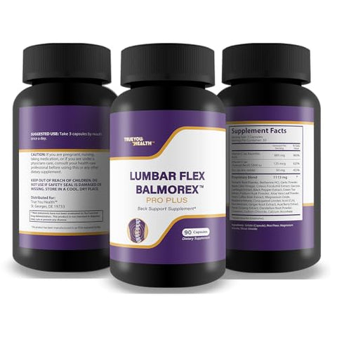 True You Health - Lumbar Flex Balmorex Pro Plus – Suplemento Natural para Suporte Lombar – Alívio de Rigidez e Dor na Região Lombar – Melhores Comprimidos para as Costas – 60g