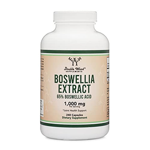 Double Wood Supplements - Boswellia Serrata – 240 Cápsulas (Máxima Potência 1.000mg de Extrato de Ácido Boswélico 65%) Cápsulas de Extrato de Boswellia (Suplemento de Suporte Articular para a Saúde das Articulações) Testado por Terceiros