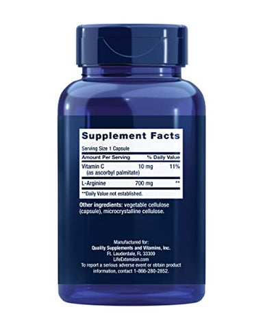Suplemento de L-Arginina Life Extension Caps – Vitamina C para Apoio ao Sistema Imunológico e Saúde Cardiovascular – 700 mg – Sem Glúten, Não-OGM – para Homens e Mulheres