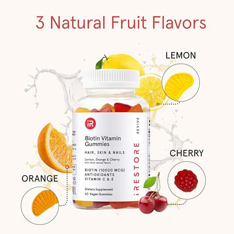 Gummy Vitamins Vegan Biotin for Hair Skin Nails – Hair Growth and Health – Women’s Biotin Gummies - iRestore