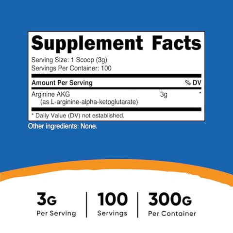 Arginine AKG em Pó 300 Gramas (AAKG) – 3G Por Porção - Nutricost