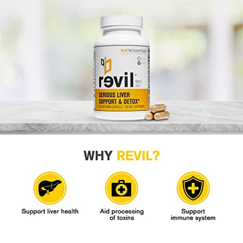 WELESSENTIALS - Revil – Cápsulas Vegetarianas de Suporte Hepático e Herbal – 90 Unidades – Suplemento Dietético com Cardo Mariano Orgânico, Bardana e Vitamina C – Livre de Glúten
