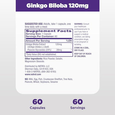 Ginkgo Biloba 120mg – Suporte para Memória e Saúde Cerebral – 60 Cápsulas - Natrol