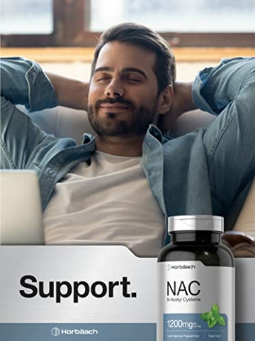 Suplemento Horbäach NAC N-Acetil Cisteína 1200mg | 250 Cápsulas | com Hortelã-Pimenta Natural | Livre de Transgênicos, Sem Glúten