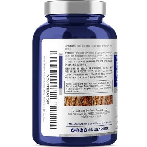 Extrato de Casca de Pinheiro Marítimo Francês NusaPure 400mg por Cápsula Vegetal Suprimento de 200 Dias Bioperine Não-OGM Vegano