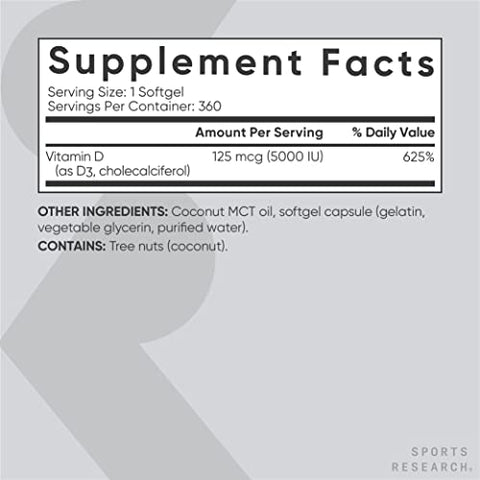 Vitamina D3 5000 UI Sports Research com Óleo de Coco MCT – Suplemento de Alta Potência para o Sistema Imunológico