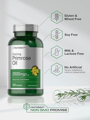Óleo de Prímula 2000mg | 150 Cápsulas | Livre de Hexano e Solventes | Suplemento Prensado a Frio com GLA | Não-OGM, Sem Glúten - Horbäach
