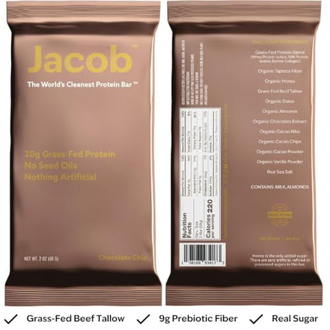 Bar, Barras de Proteína, Chocolate (9 Barras no Total) – 20g de Proteína de Pasto, Sem Óleos de Sementes, Sem Ingredientes Artificiais - Jacob