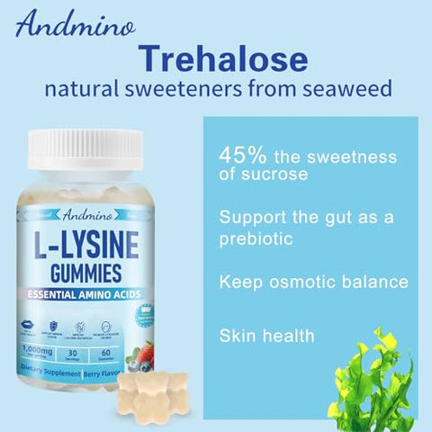 andmino - L-Lysine Gummies 1000 mg com Trehalose – Gomas de L Lisina para os Lábios | Marca: L-Lysine Gummies