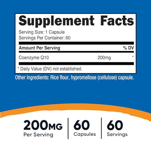 CoQ10 200mg – Cápsulas Vegetarianas de Alta Absorção, 60 Unidades – Coenzima Q10 Vegetariana, Não-OGM - Nutricost