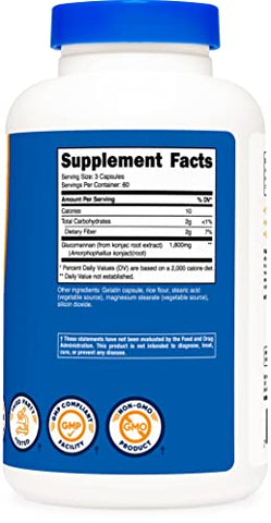 Glucomannan 1.800mg por Porção, 180 Cápsulas (2 Frascos) – Aumente a Visibilidade do Produto - Nutricost