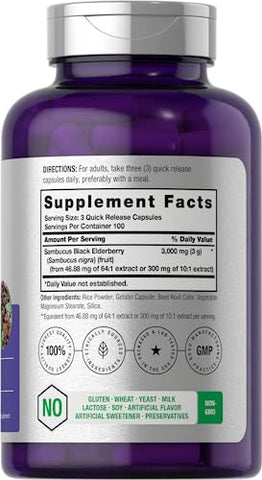 Black Elderberry | 3000mg Cápsulas | 300 Unidades | Sem GMO, Sem Glúten | Suplemento de Sambucus - Horbäach