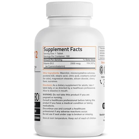 Bronson - Vitamina B12 2500mcg – Comprimidos Mastigáveis de Dissolução Rápida com Sabor de Cereja – Suporte ao Sistema Nervoso e Função Cerebral Saudável – Energia Instantânea – Marca: [Nome da Marca]