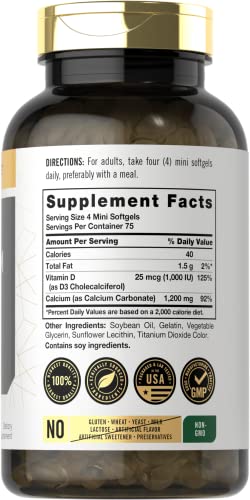 Cálcio 1200 mg com Vitamina D3 | 300 Mini Softgels | Suplemento Sem GMO e Sem Glúten - Carlyle