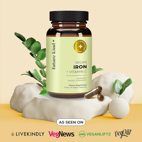 Vegan Iron Supplement with Vitamin C (30 Cápsulas de Ferro) em Frasco de Vidro – Suplemento de Ferro Vegano com Vitamina C para Energia e Concentração - Future Kind