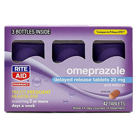 Omeprazol Redutor de Ácido – 20 mg, 3 Frascos, 14 Comprimidos Cada (Total de 42 Comprimidos), Sem Sabor, Alívio de Azia, Medicamento para Azia, Trata Azia Frequente - Rite Aid