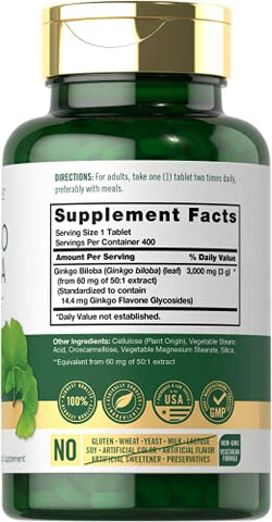 Ginkgo Biloba 3000mg | 400 Comprimidos | Sem OGM, Livre de Glúten  Carlyle - Carlyle