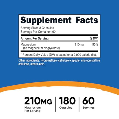 Cápsulas de Magnésio Glicinato (180 Cápsulas, 210 mg de Magnésio Glicinato por Porção) – Suplemento de Magnésio Glicinato para Absorção Suave - Nutricost