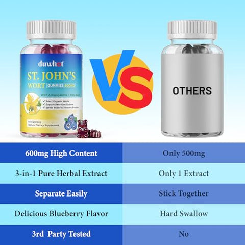 duwhot - Gomas de Hipérico 600mg, 3 em 1 Suplementos Orgânicos de Ervas para Alívio do Estresse, Suporte ao Sistema Nervoso, com Ashwagandha