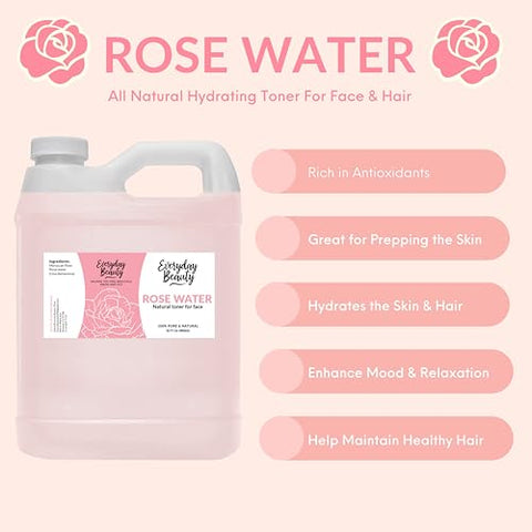 Everyday Beauty Helping You Feel Beautiful Inside And Out - Água de Rosas Tônico Facial – 946ml a Granel Vegano Livre de Álcool, Natural e Refrescante para Rosto e Cabelo – Revitaliza, Calmante