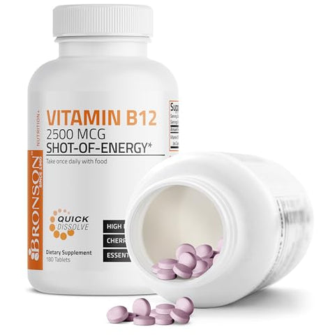 Bronson - Vitamina B12 2500mcg – Comprimidos Mastigáveis de Dissolução Rápida com Sabor de Cereja – Suporte ao Sistema Nervoso e Função Cerebral Saudável – Energia Instantânea – Marca: [Nome da Marca]